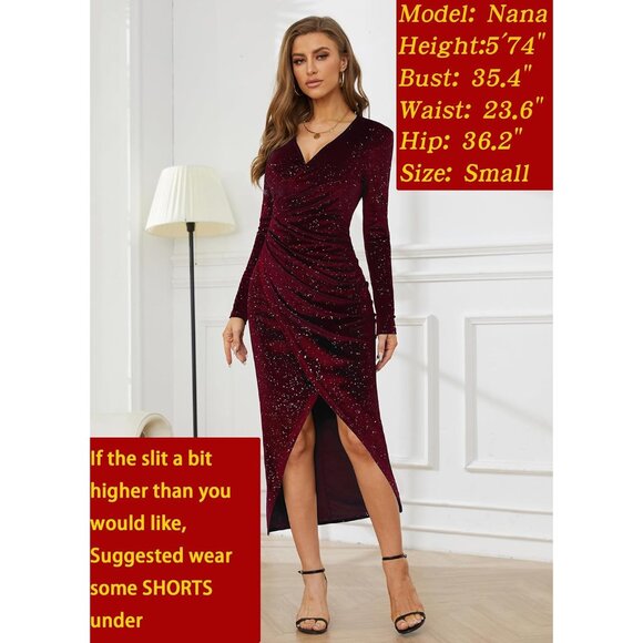 Luxurious Wine Velvet Party Dress - V Neck Long Sleeve & Glitter Detail - Picture 4 of 6